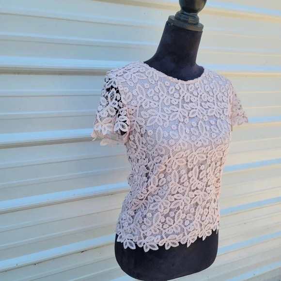 Catherine Malandrino Blush Pink Crochet LACE Tank Top Blouse Cotton Zip S - Picture 5 of 7